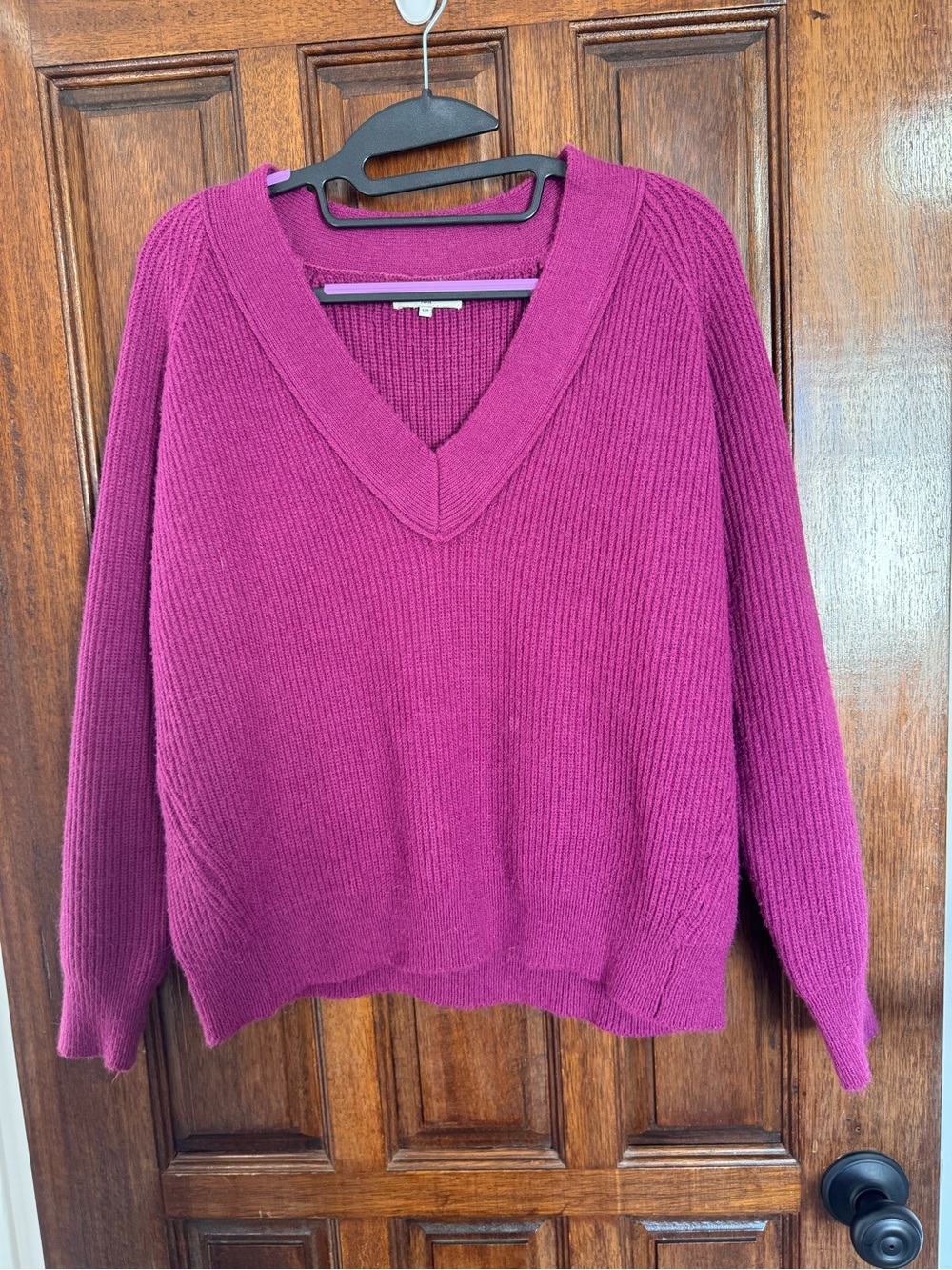 FRNCH V-Neck Ribbed Sweater in Magenta